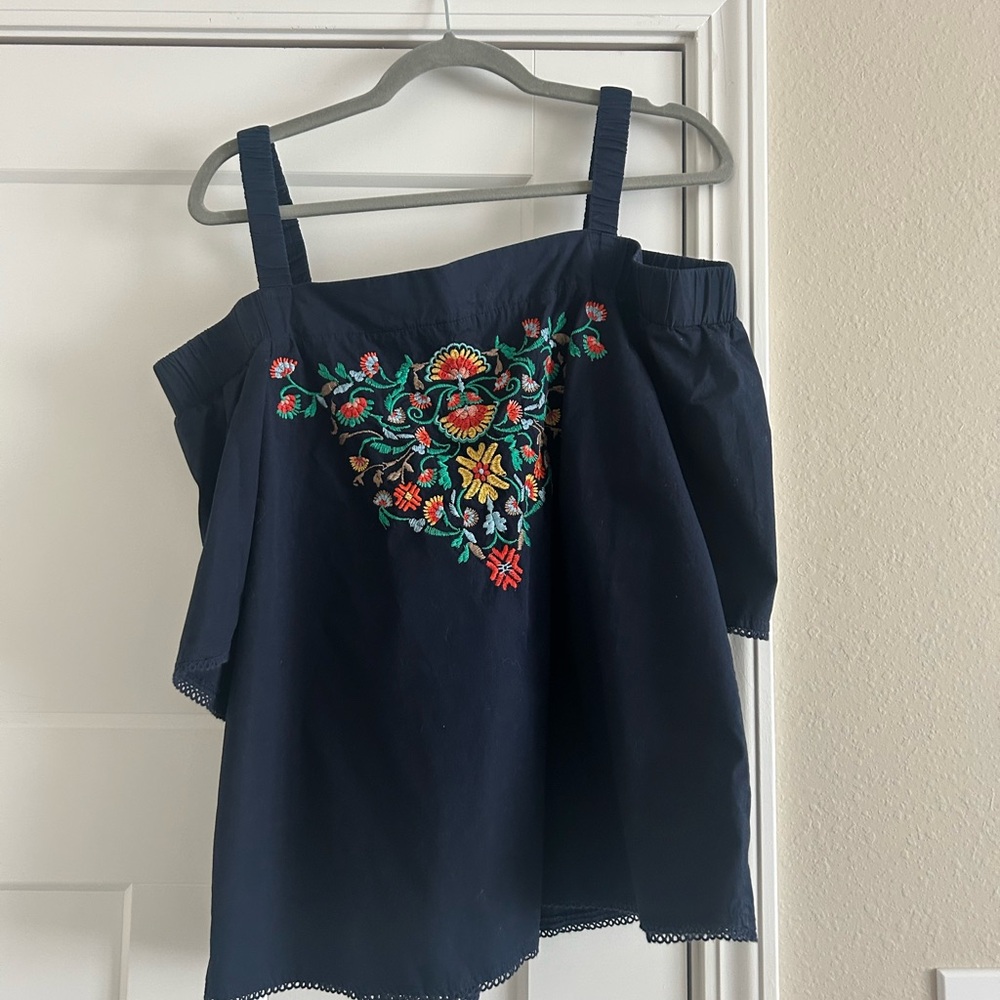 Navy Blue Embroidered Off-Shoulder Top